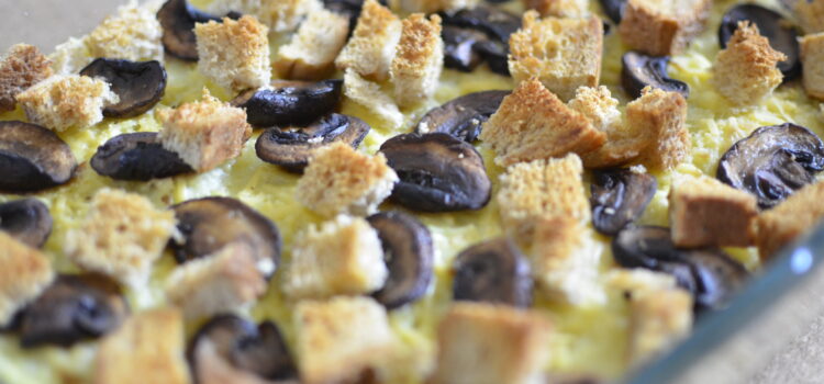 Potatoes, mushrooms, cheese and bread pie