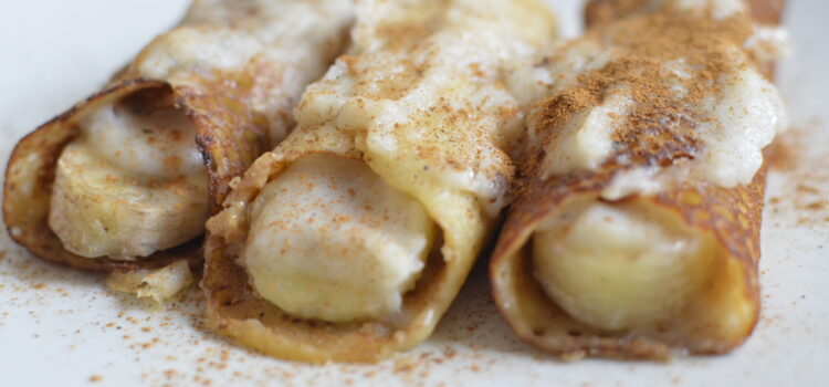 Oven baked crepes with banana and peanut butter